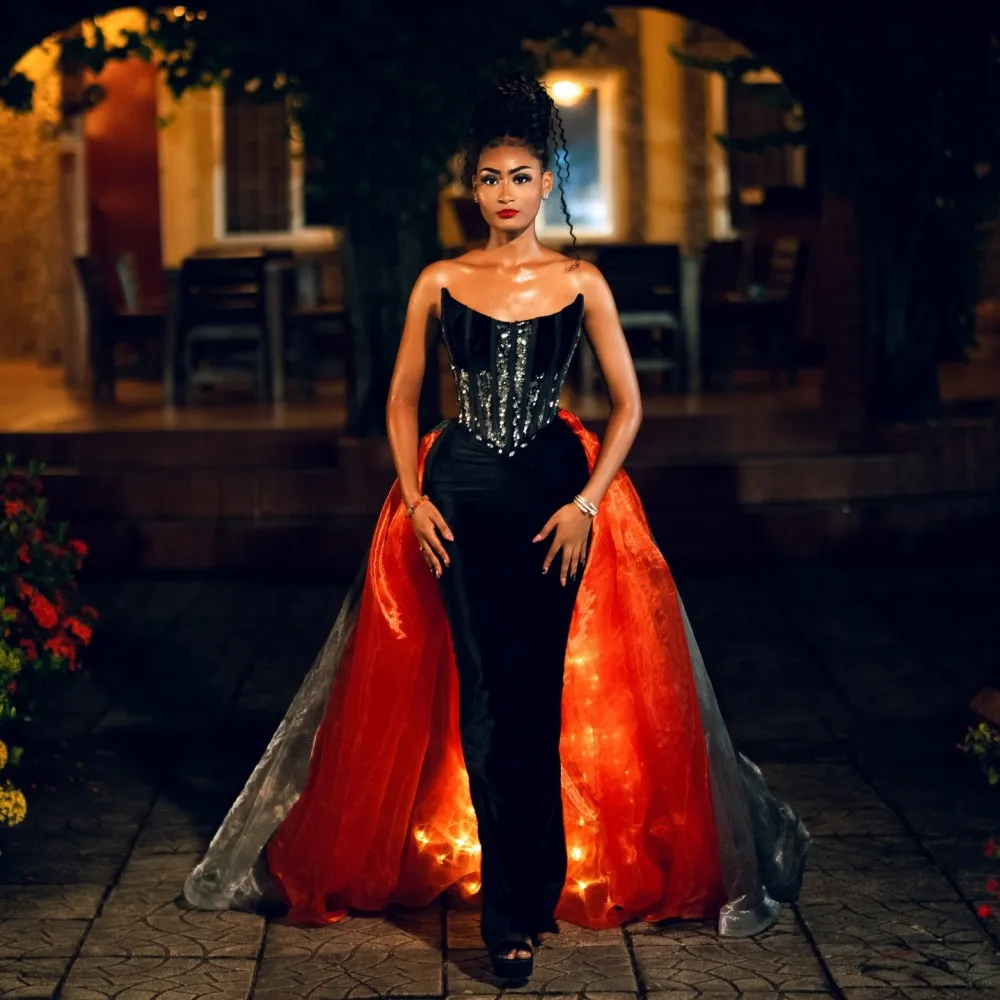 Aso Ebi Mermaid Prom Dresses With Detachable Train Strapless Corset Back Evening Party Dress Black Red Christmas Party Gowns