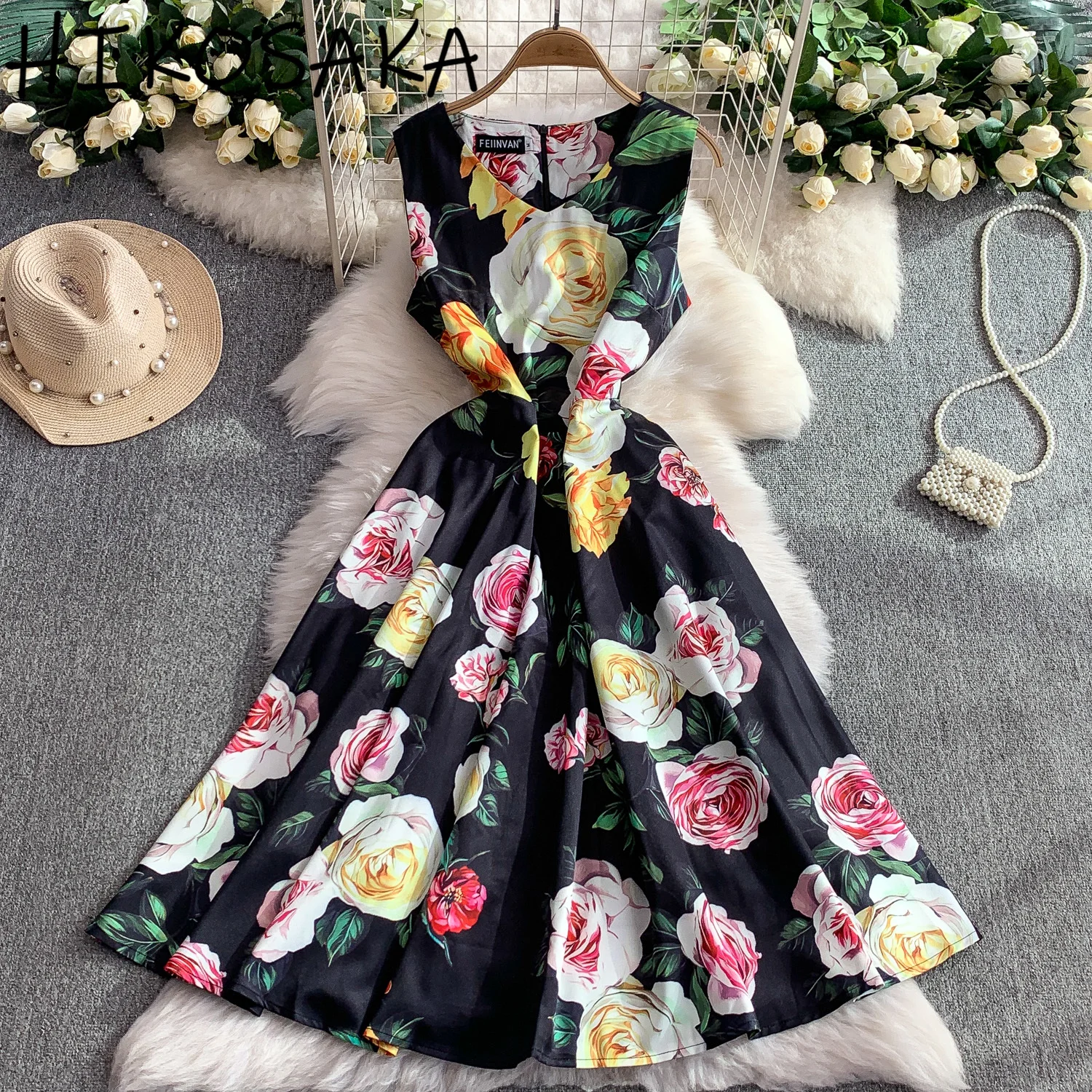

Retro Floral Print Sleeveless Dress Summer Fashion Slim Waist Gown Ball Big Swing Robe Vacation Style Summer Midi Vestidos