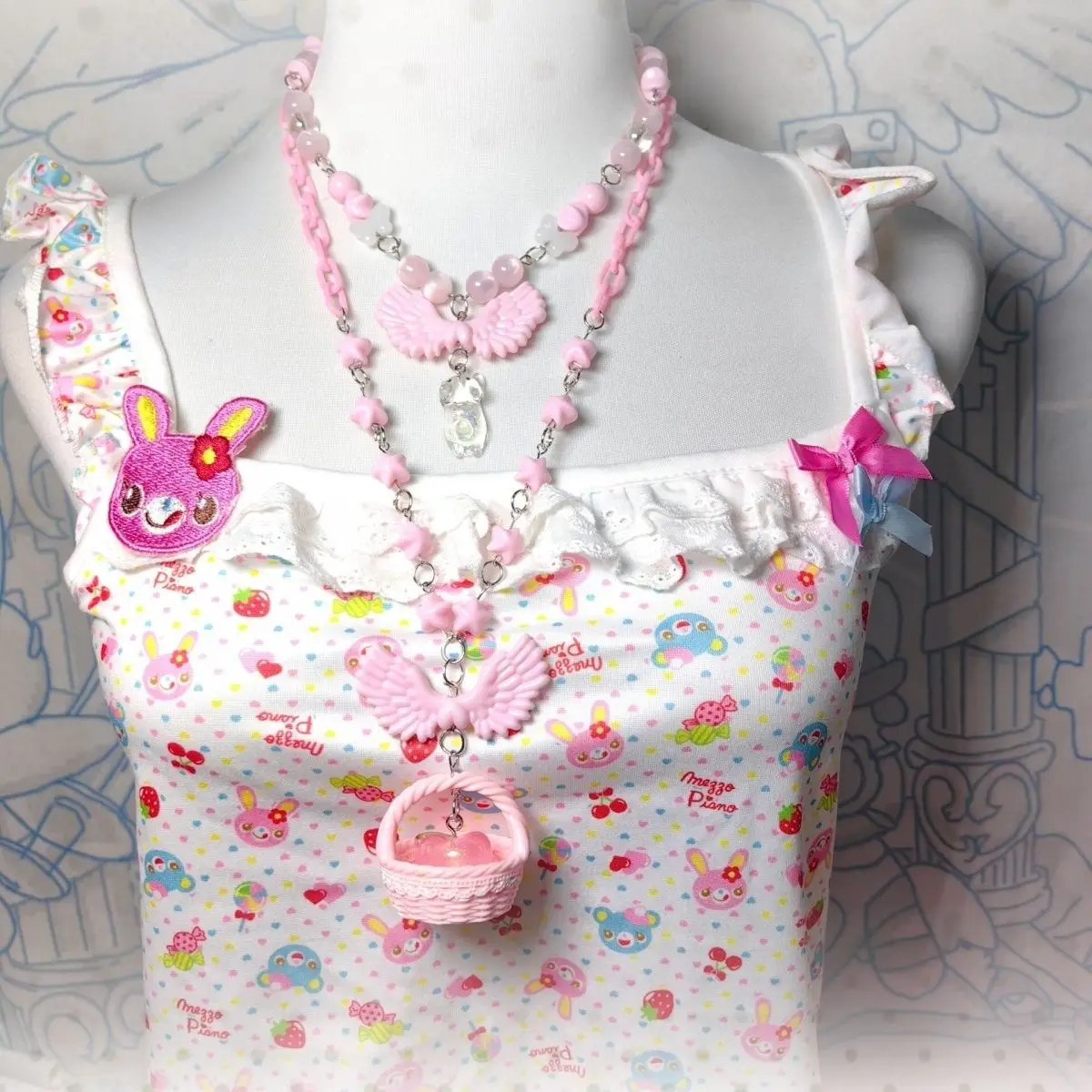 Lolita Handmade Necklace Cute Pink Wing Collarbone Chain + Basket Necklaces 2 Pcs Suits Lolita Jojifuku Y2k Accessories