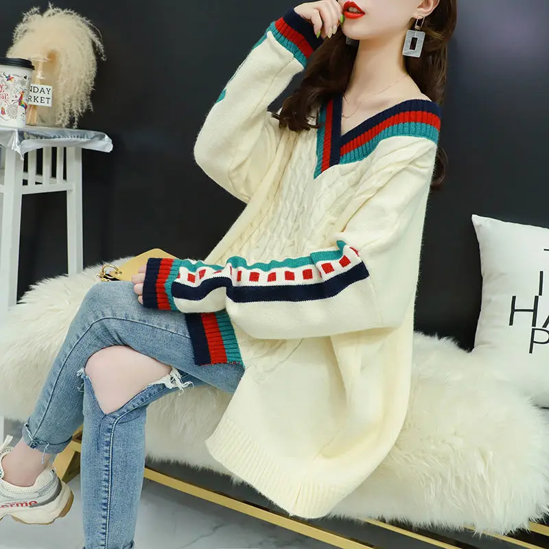Fashion V-Neck Spliced Loose Asymmetrical Sweaters Female Clothing 2023 Autumn Winter Oversized Casual Pullovers Korean Tops
