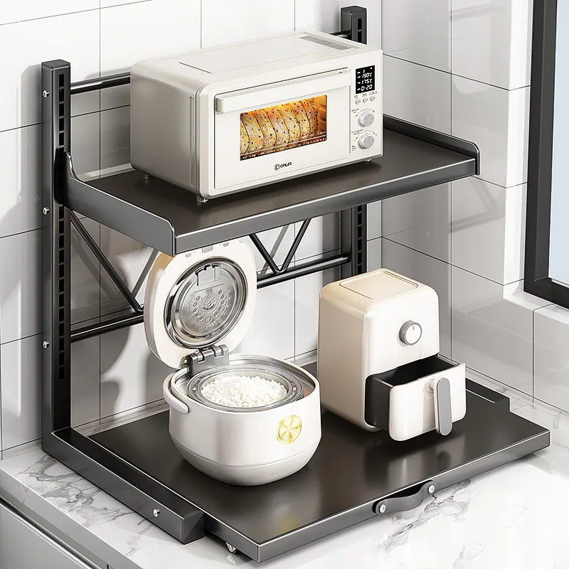 Rolling Pull-Out Carbon Steel Kitchen Appliance Shelf Rice Cooker Microwave Oven Adjustable Two To Four Tier Storage Hooks