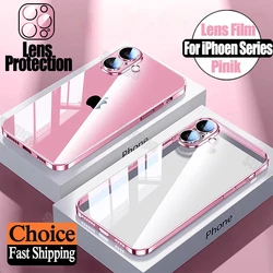 New Luxury Plating Pink Transparent Shockproof Bumpe Case For iPhone 16 15 14 13 12 11 Pro Max 16 Plus Lens Protector TPU Cover