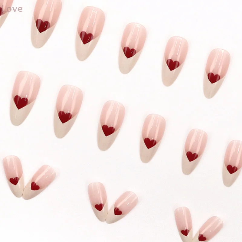 [L&P] 24 قطعة من الأظافر الصناعية الجميلة على شكل قلب فرنسي مع لاصق هلامي قابل للفصل للأظافر المزيفة غطاء كامل اضغط على الأظافر