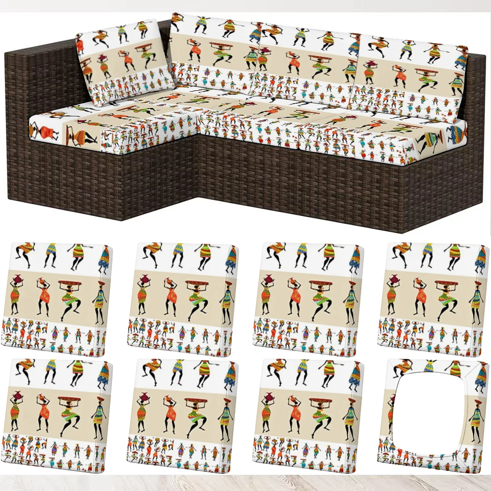 Summer Outdoor Sofa Cover with Ethnic Style Figure Prints, Elastic Milk Silk Cushion Cover for Indoor Living R