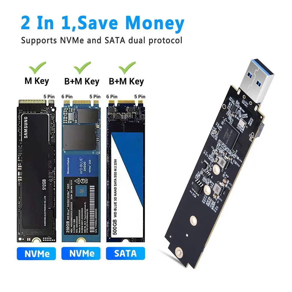 M.2 NVMe NGFF To USB Adapter Dual Protocol NVMe SATA M2 SSD Board USB3.1 Type-A Supports NVMe SATA Protocols 22x30, 22x42, 22x60