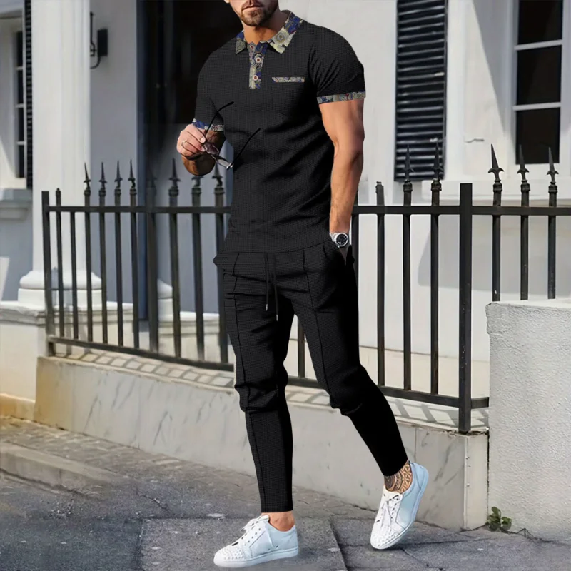 Men's Two Piece Set Polo Shirt Jogger Pants Patterned Collar Cuff Casual Daily Matching Outfit