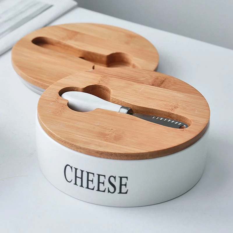 Cheese Sealing Box Ceramic Butter Plate Cheese Storage Tray Container Box + Lid And Knives Set