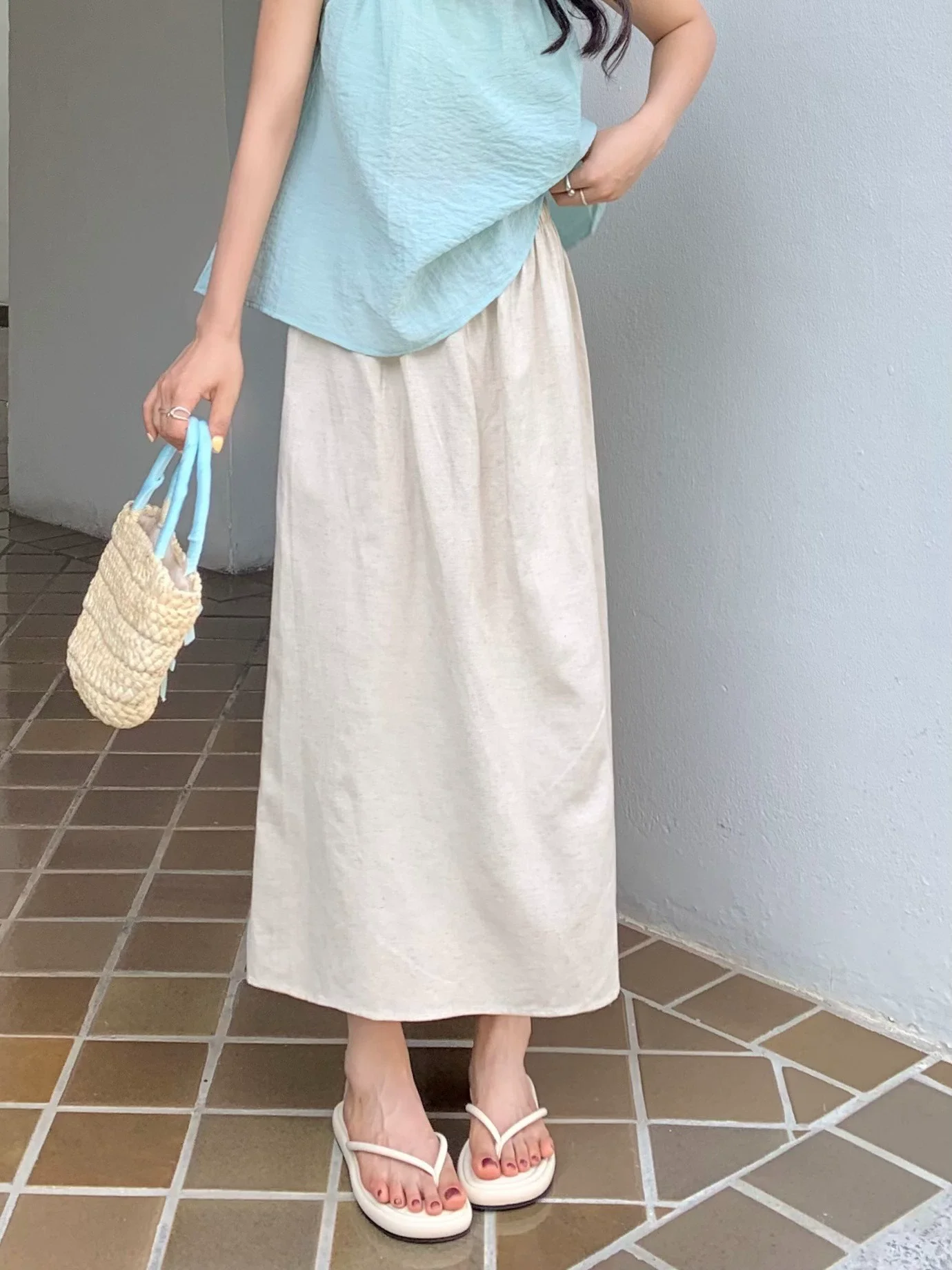 

Pure Color Linen Cotton ter Ne Dr with High Waist for Women in Summer Thin Vintage Tone down Ele Feeling And Long...