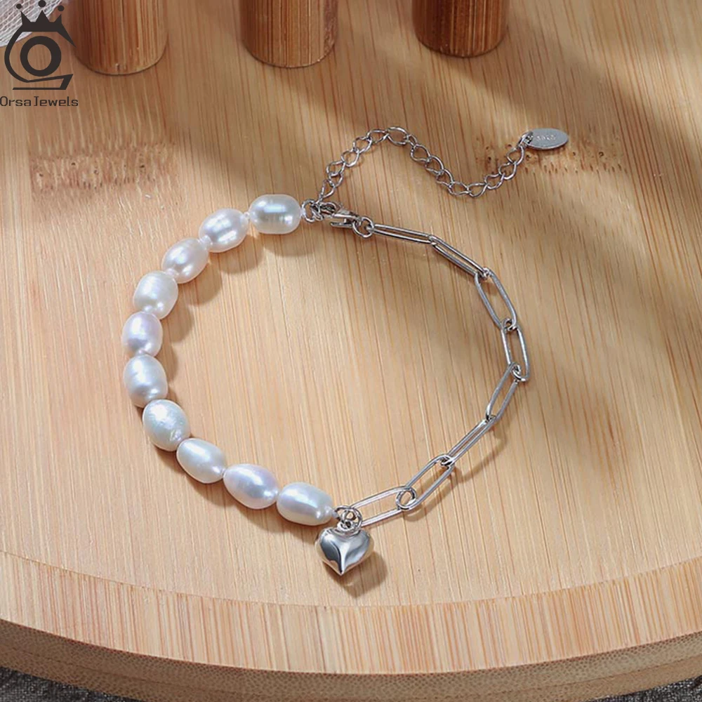 

ORSA JEWELS Heart Charm Bracelet Baroque Pearls Beads Summer Paperclip Chain S925 Sterling Silver Natural Pearl Bracelets GPB17