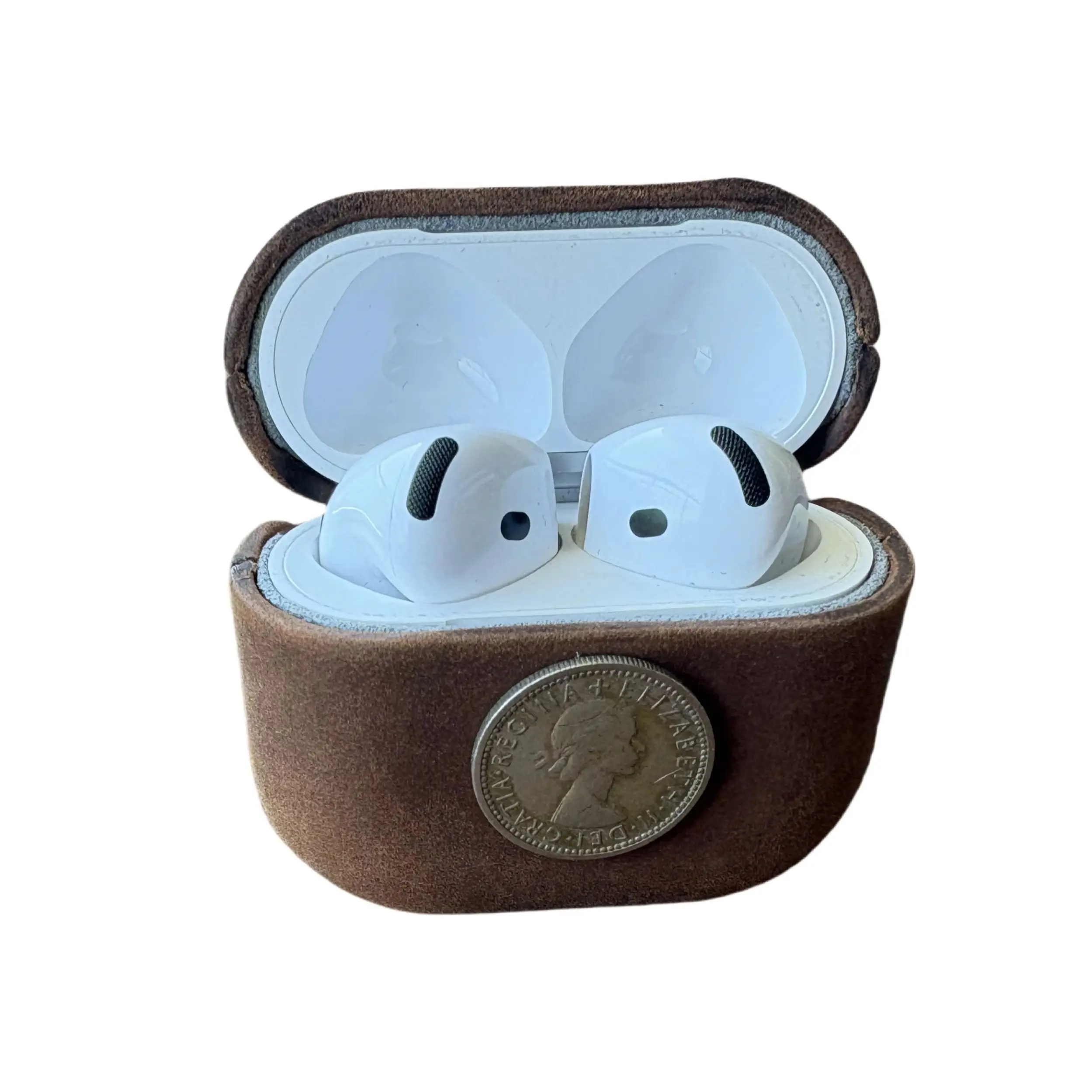 

Vintage Crazy Horse Leather Handmade Earphone Case for AirPods Pro 2 / Airpod 4 – Retro Sixpence Coin Design
