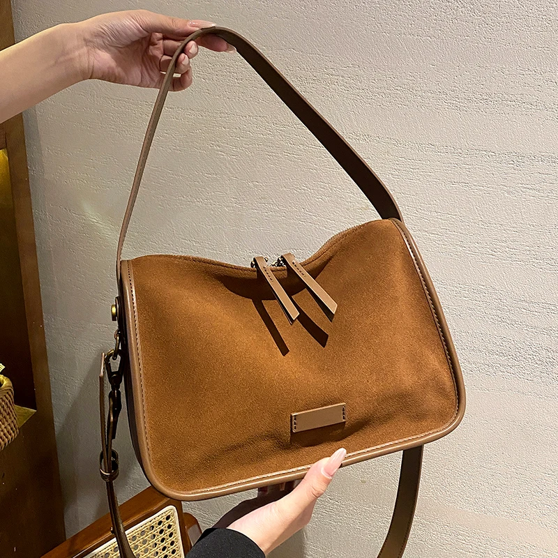 Women Genuine Suede Cowhide Leather Crossbody Bag Large Capacity Soft Wearable Shoulder Travel Bags With Double Zipper Handbag