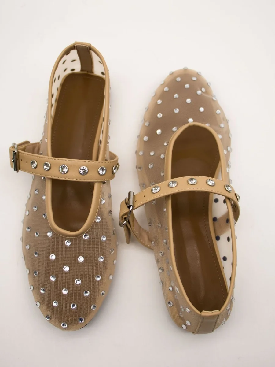 

Женские туфли Мэри Джейн с сетчатым верхом и стразами, с круглым носком, на ремешке с пряжкой, балетки, блестящие, черные/бежевые, повседневные, для вечеринок, летние, нарядные