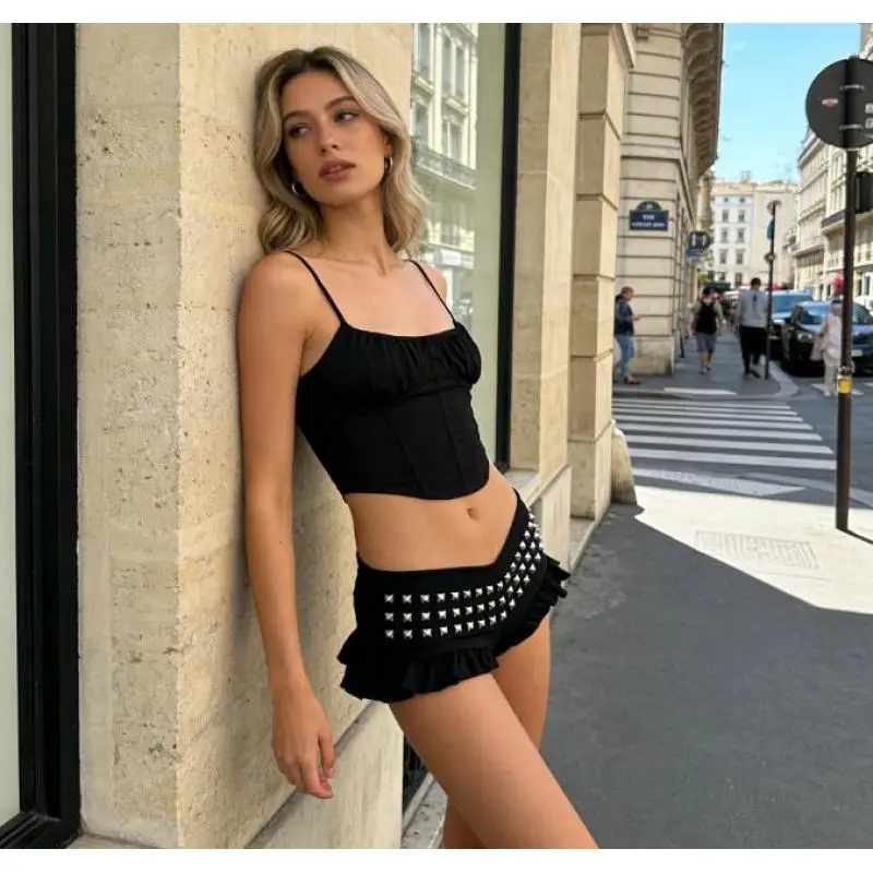

American Style Low Rise Sexy Spicy Girl Solid Color Square Hot Diamond Lace Super Shorts Kawaii Girl Hot Pants