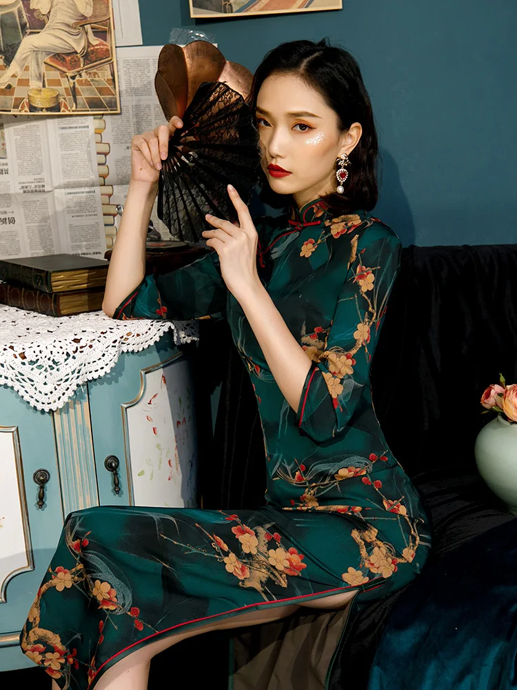 

Young Women's Long Gown Traditional Chinese Sle Vintage anghai owpiece High Slit Daily Wear Polyester Fiber