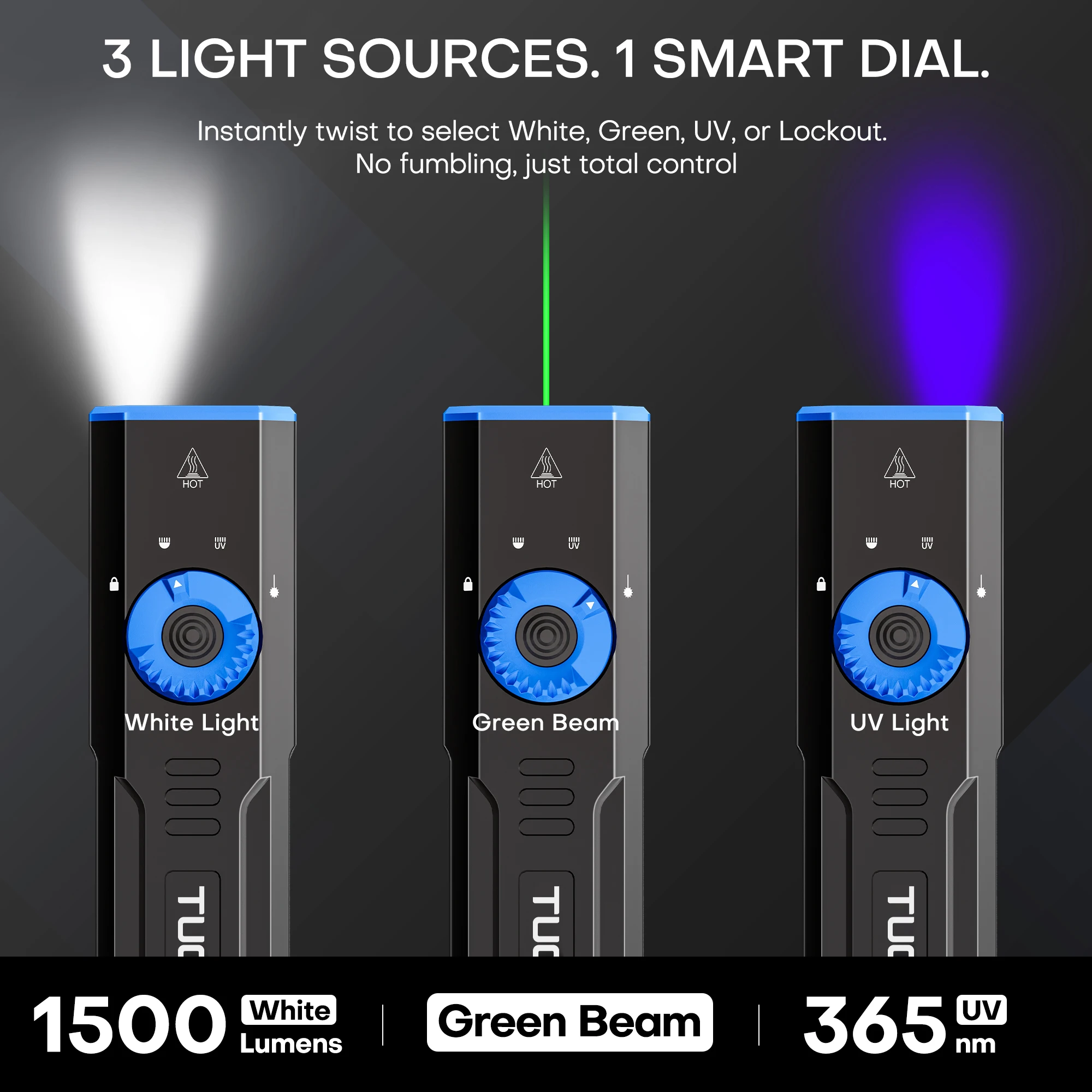 Tactical Flashlight, 1500 Lumens Rechargeable Flashlight with Green Laser, 365nm UV, CNC Aluminum Body, EDC for Camping