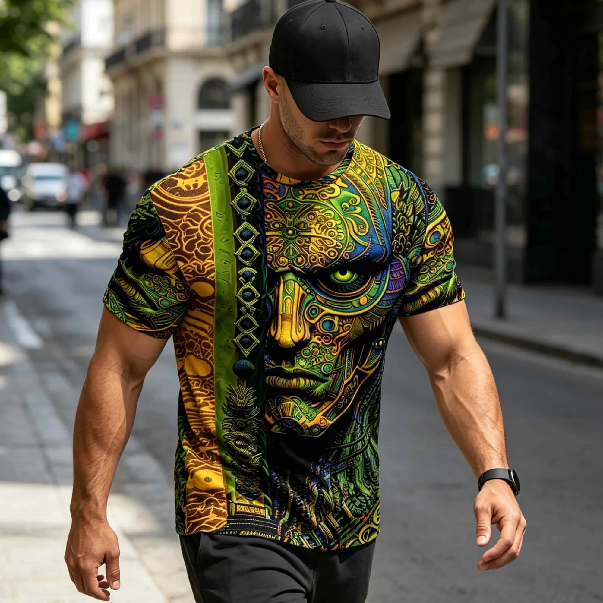 Herren-T-Shirt im Ethno-Stil mit kurzen Ärmeln, psychedelischem Tribal-Totem-All-Over-Print, lässiges Hip-Hop-Streetwear-Shirt mit Rundhalsausschnitt – Detail 4