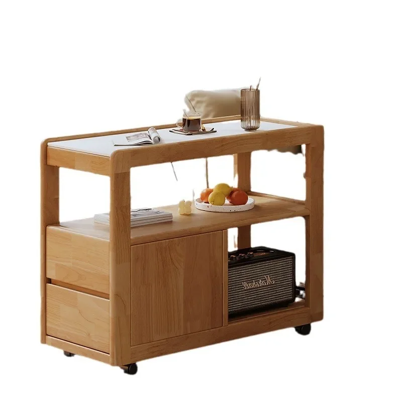 Solid wood sofa side cabinet rock slab side few with wheels simple small apartment living room movable small coffee table