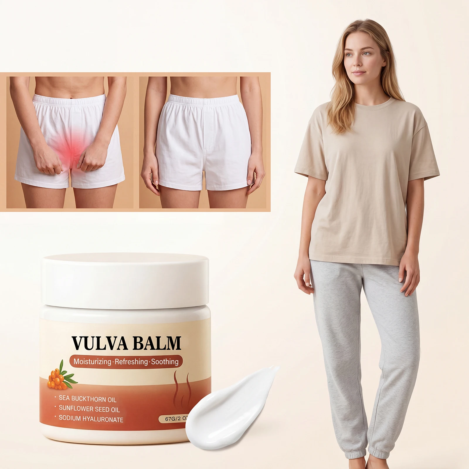 Women Vulva Balm Sea Buckthorn Oil Sodium Hyaluronate Hydrating Gentle Intimate Private Skin Moisturizer Daily After Shower Care