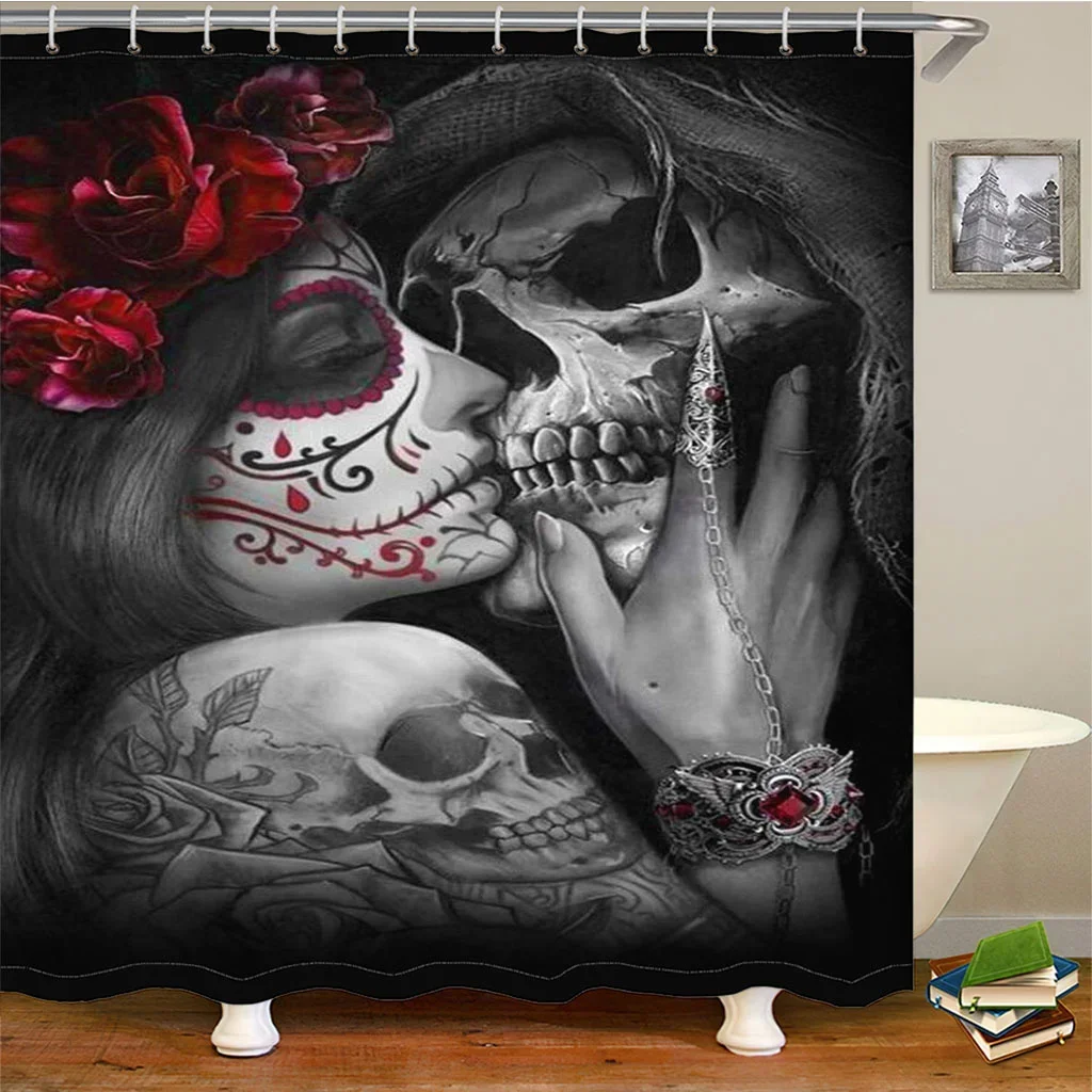 Skeleton Couple Kiss Love Rose Girl Polyester Kids Child Shower Curtain Set for Bathroom Bath Waterproof Fabric with 12 Hooks