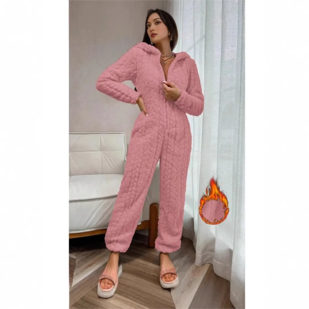 

Coral Velvet Zipper One-piece Pajamas Autumn Winter New Hooded Thickened Furry Comfortable Home Clothes Jumpsuits For Woman