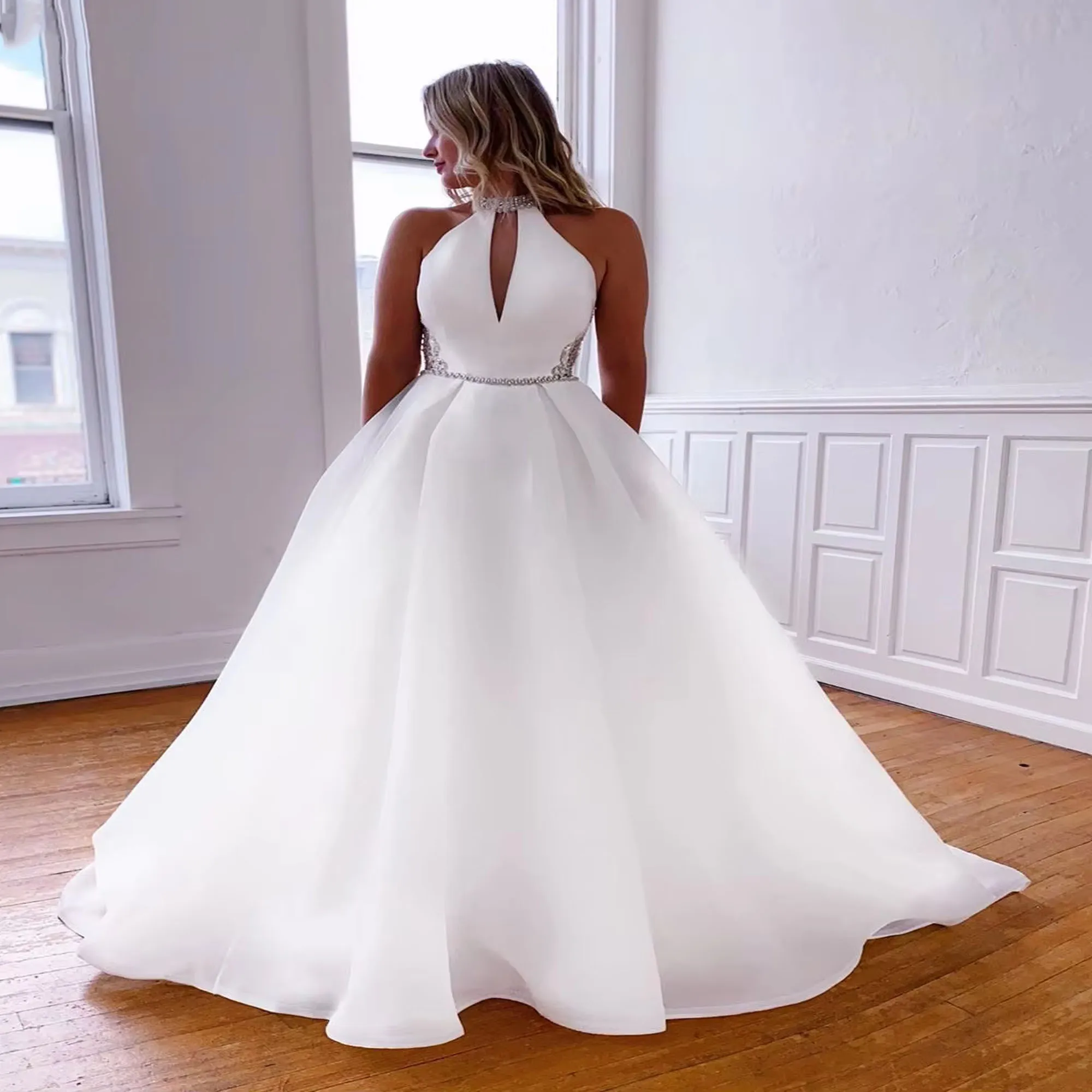 JEHETH A-Line Boho Best Selling 2025 Wedding Dresses for Women White Organza High Neck Crystals Bridal Gowns Robe De Customized