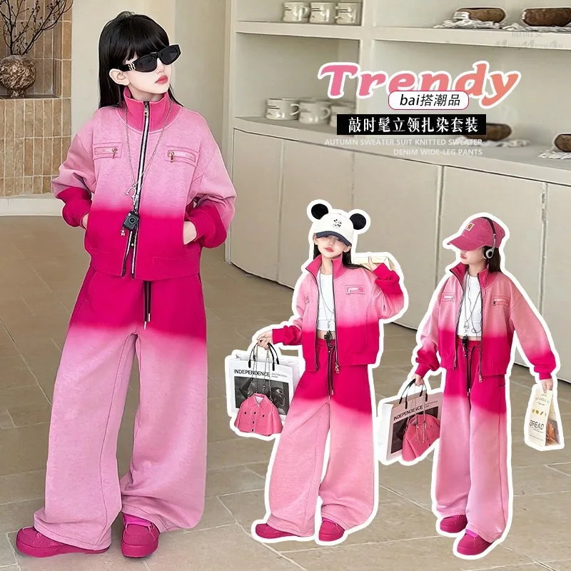 Teen Girls Clothing Set Spring FallFashion Dip Dyeing Jackets+Sweatpants Sports Outfits High Quality Child Gradient Tracksuits