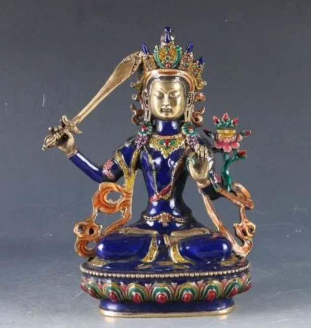 

20CM CHINESE Old CLOISONNE HANDWORK CARVED BODHISATTVA MANJUSRI STATUE