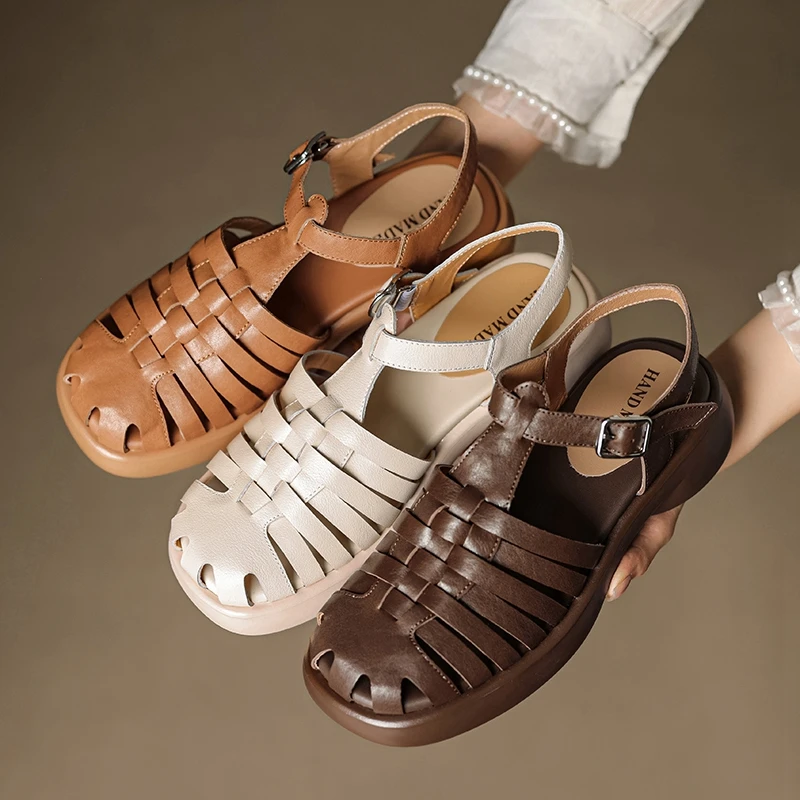 

Women's new summer leather cowhide midsole elastic buckle thick sole hollow breathable toe Roman shoes fashion sandals