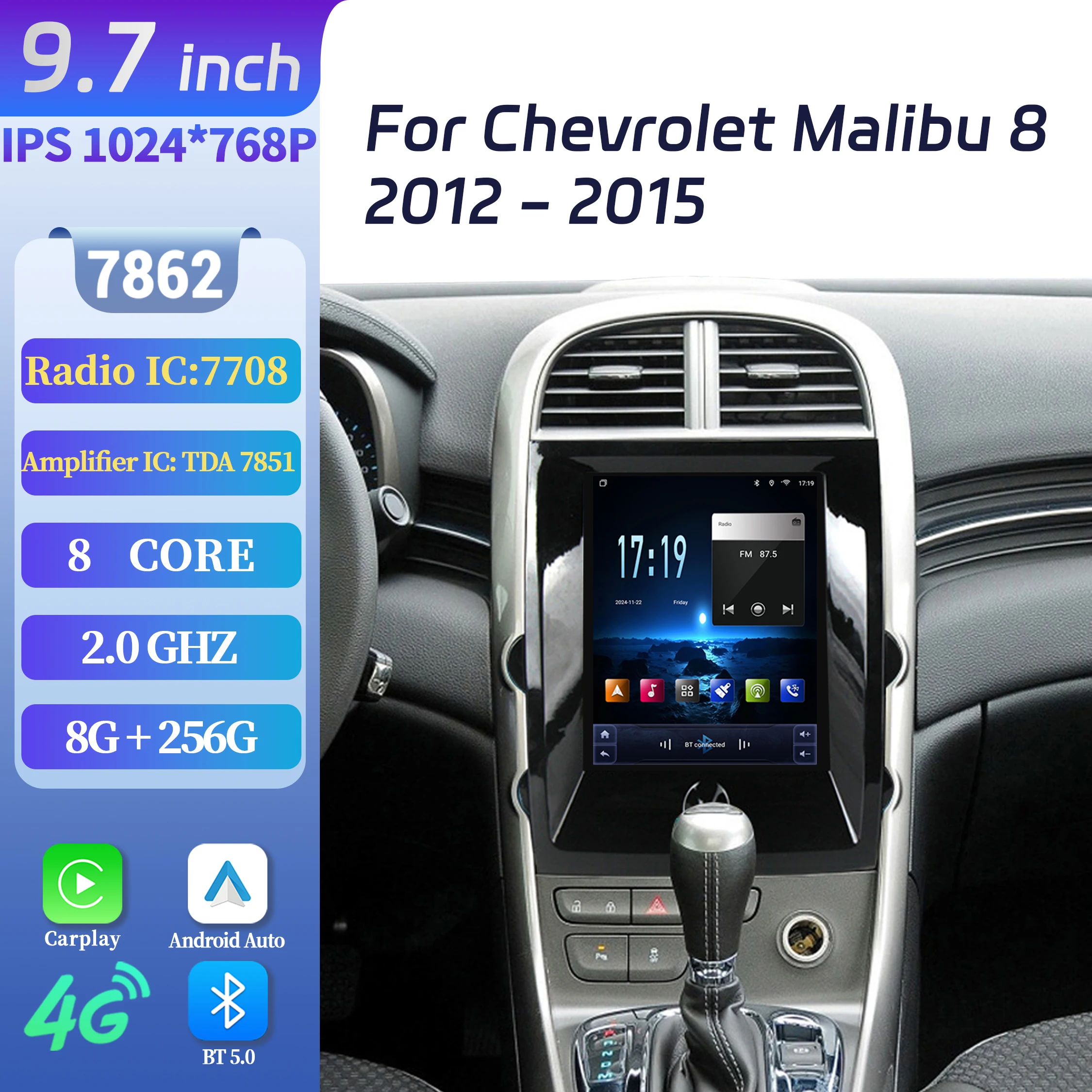 

9,7-дюймовый автомобильный радиоприемник Android 14, для Chevrolet Malibu 8 2012-2015 4G, мультимедийная беспроводная Bluetooth Carplay, головное устройство, экранная система