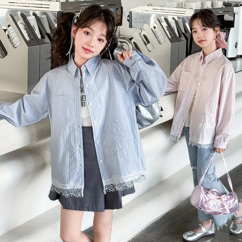 

Autumn School Girls T-shirt Autumn Striped Lace Patchwork Teenager Girls Top Turn Down Collar Single-breasted Kids Girls Shirt