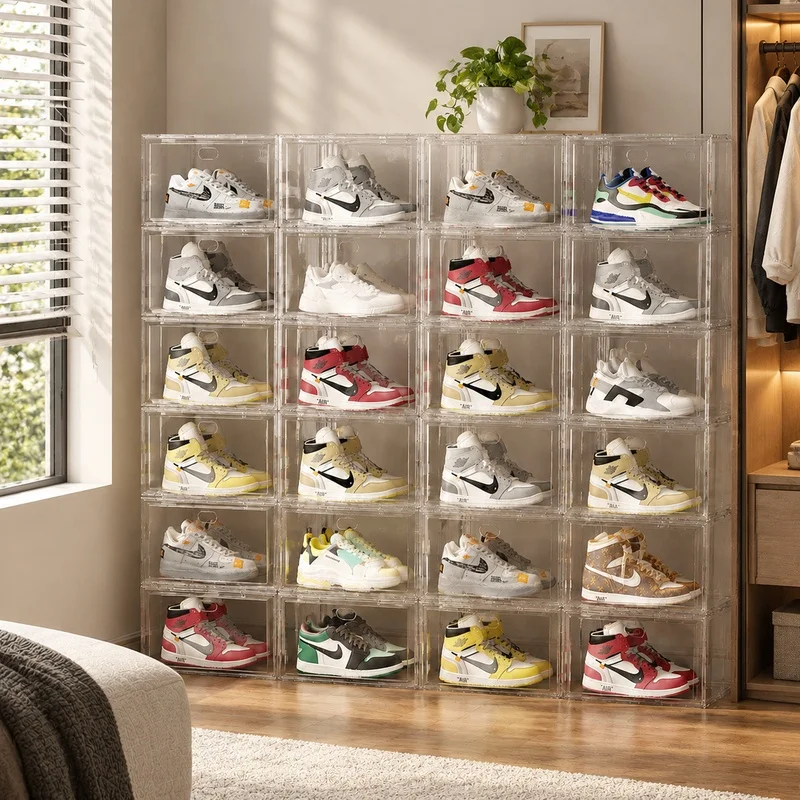 Durable Clear Plastic Shoe Organizer Box with Magnetic Cover, Stackable Large Sneaker Storage for Multiple Layers