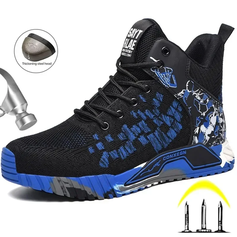 All Seasons Men's Safety Shoes Flying Woven Breathable Steel Toe Cap Impact Proof Puncture Mid Cut Sneakers Zapatos De Seguridad