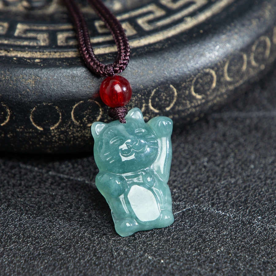 

TIMESWIND Natural A-type Original Jade Blue Cute Cat Cartoon Pendant Women Jewelry Necklace with Certificate