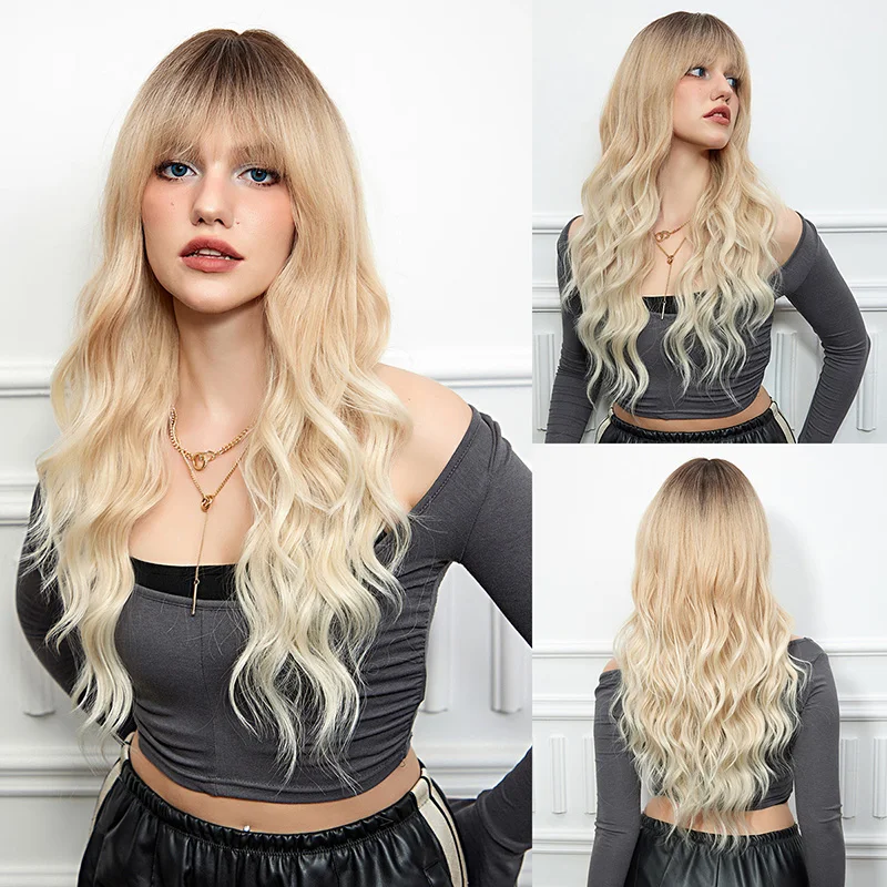 

Long Curly Hair Synthetic Wig With Bangs, Blonde Hair Daily Party, Halloween, Smooth And Heat-Resistant, Role-Playing Lady Wig