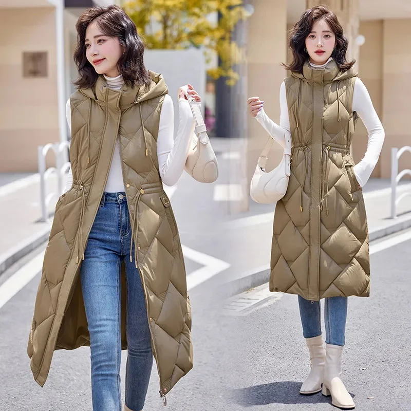 Autumn Winter Women Sleeveless Waistcoat Warm Puffer Jacket Ultra Light Mid Long Down Cotton Vest New Female Outwear Casual Tops