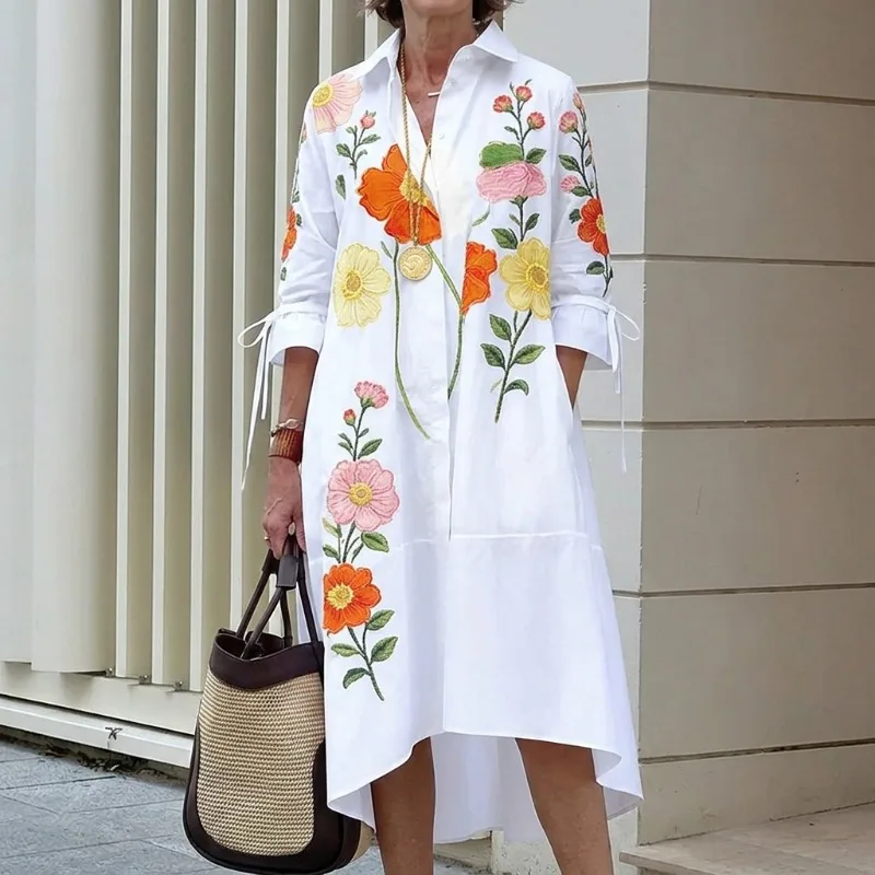 UOOZEE Women's Elegant Colorful Flower Printed Lapel Shirts Dress 2026 New Flared Sleeves Pockets Casual Vacation Midi Dresses image 2