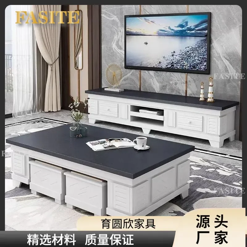 For New Chinese Style Solid Wood Coffee Table and TV Cabinet Combo with Stone Surface Large Capacity Storage Eco Friendly