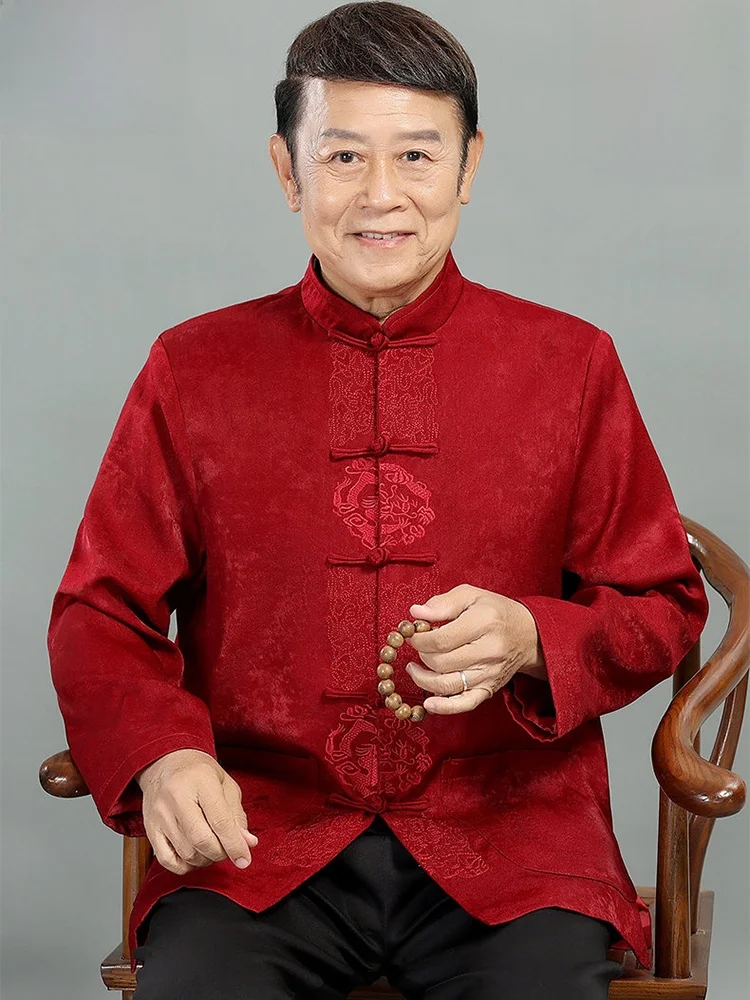 

Red Cotton-Enhanced Long-Sve Spring Outfit for ly Men Casual T Coat Birthday Celebration Wear Comfortable Fit