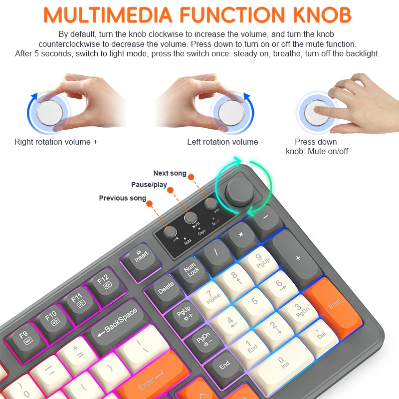 KB98 Keyboard mekanis nirkabel, struktur Gasket, RGB, keycaps ergonomis, peralihan tiga mode menghubungkan 98 tombol