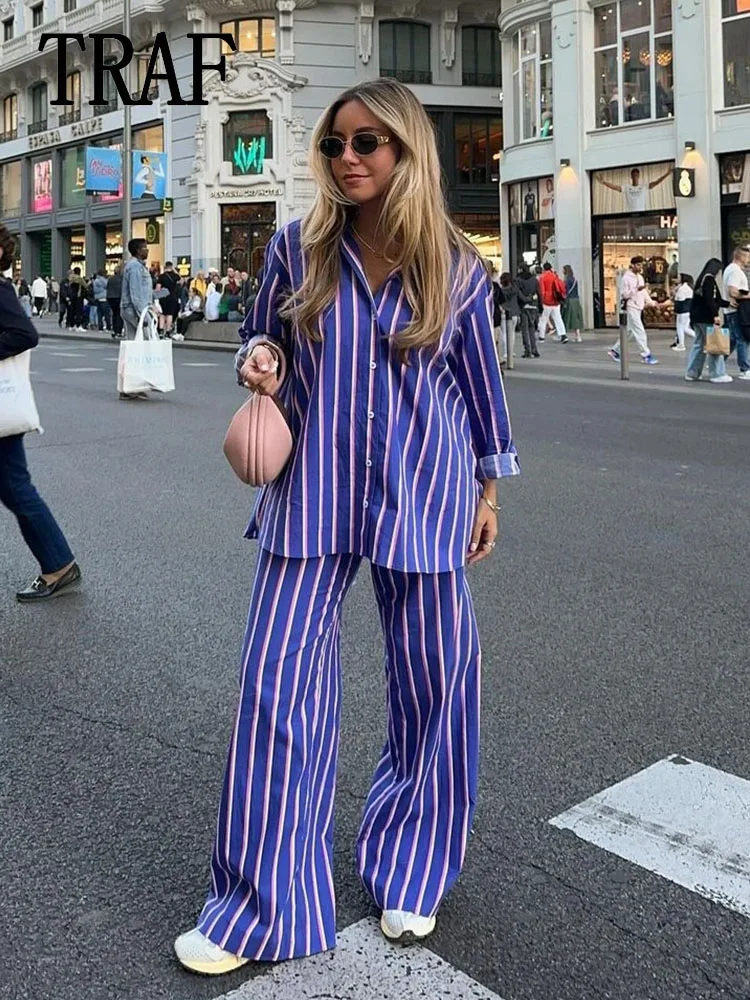 TRAF women clothing Purple Stripe Turn-Down Collar Long Sleeves Shirts +Elastic Waist Pockets Pants Women outfit