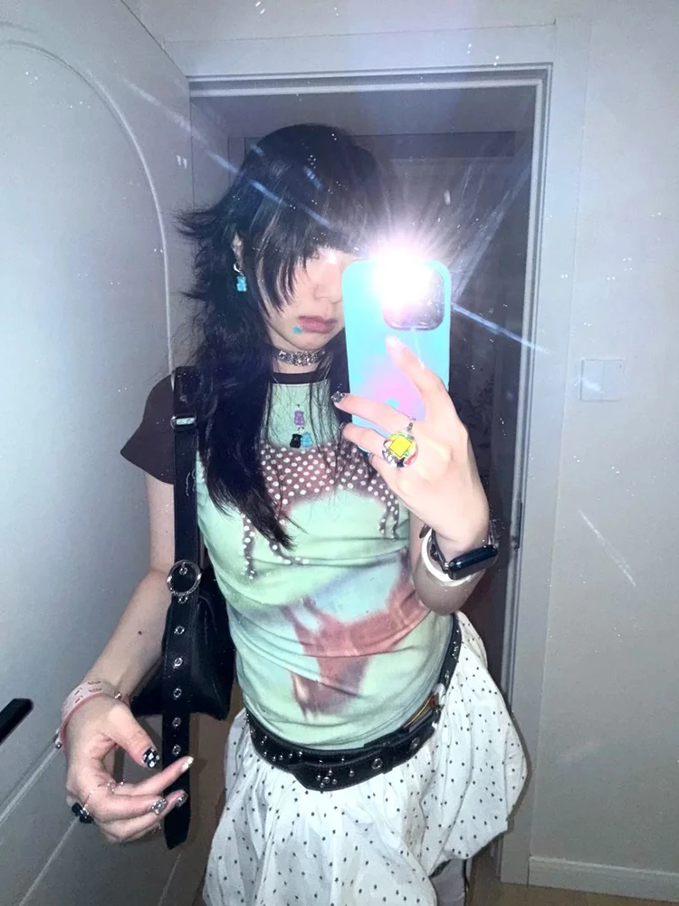 Tonngirls Y2k Japanese Print T Shirt Women Short Sleeve Aesthetic 2000s Crop Tops American Retro 90s Graphic Tops Streetwear