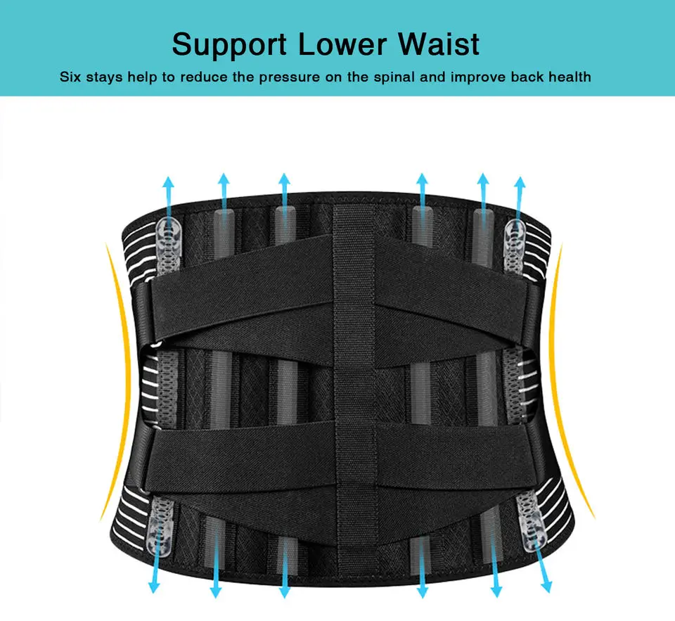 Tirantes para espalda para aliviar el dolor de espalda baja con 6 soportes, cinturón de soporte para espalda transpirable, cinturón de soporte lumbar antideslizante con 16 orificios