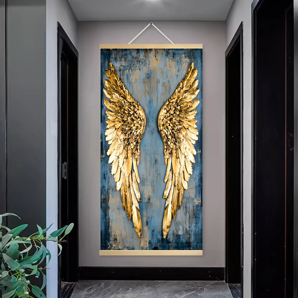 2D Flat,1pcs, Modern Abstract Golden Angel Wings Art Scroll Hanging Canvas Paintings for Living Room Decor, Bedroom Decoration