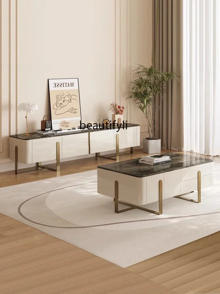 182C Italian Minimalist Light Luxury High-End Stone Plate TV Cabinet and Tea Table Minimalist Modern Living Room Home Small Apar