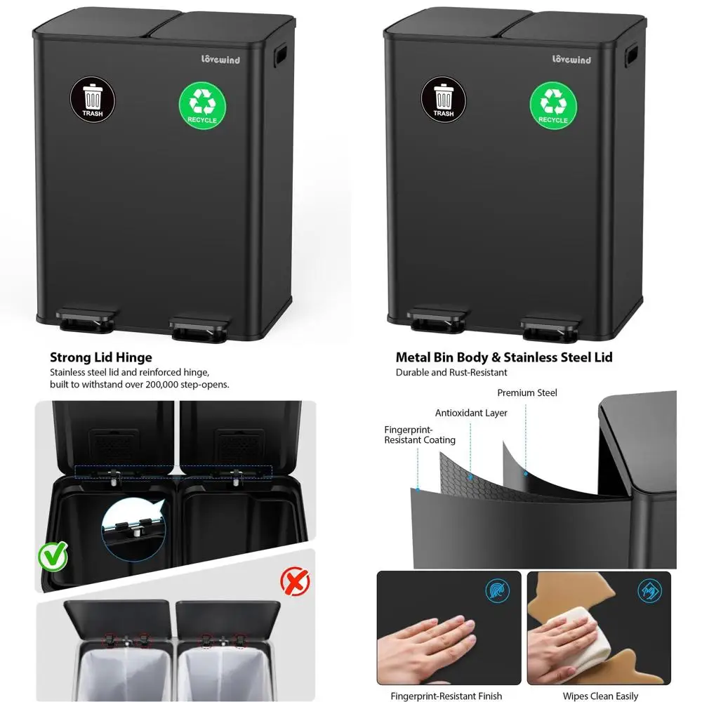 

8 Gallon Dual Stainless Steel Trash & Recycle Bins with Step-On Lid, Black