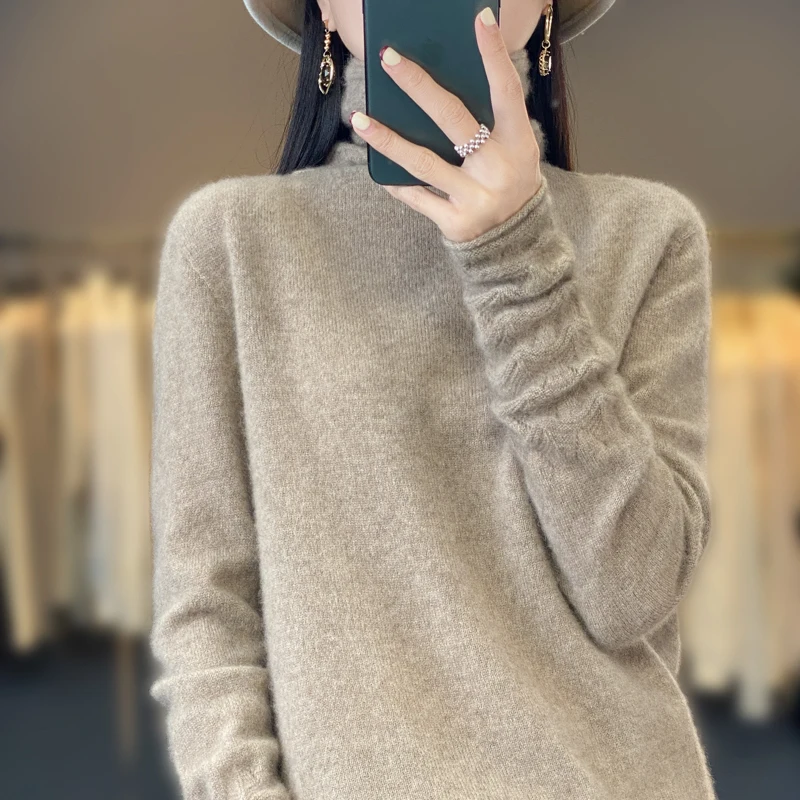 2023 Spring New Seamless Cashmere Sweater Women\'s Heap Neck Thread Hollow Knitted Top Fashion 100% Pure Wool Slim Fit  Pullover