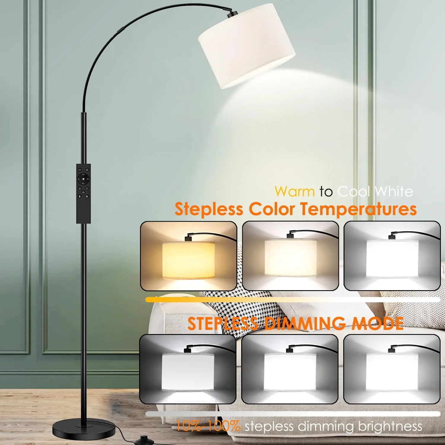 

Arc Floor Lamps For Living Room,Modern Standing Lamp With Remote Control,Stepless Dimmable,5 Color Temperatures,Over Couch