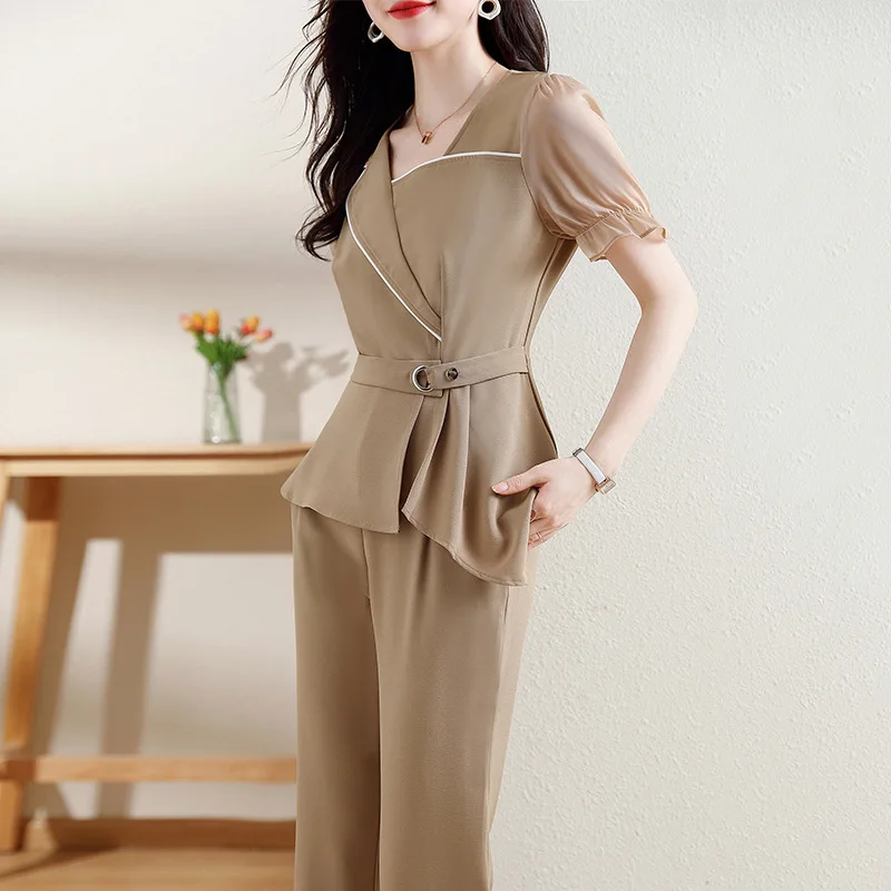 Korean Fashion Oversize Women Sets For Summer 2024 New Irregular Top & Wide Leg Pants 2 Pieces Office Lady Outfits Pantsuits