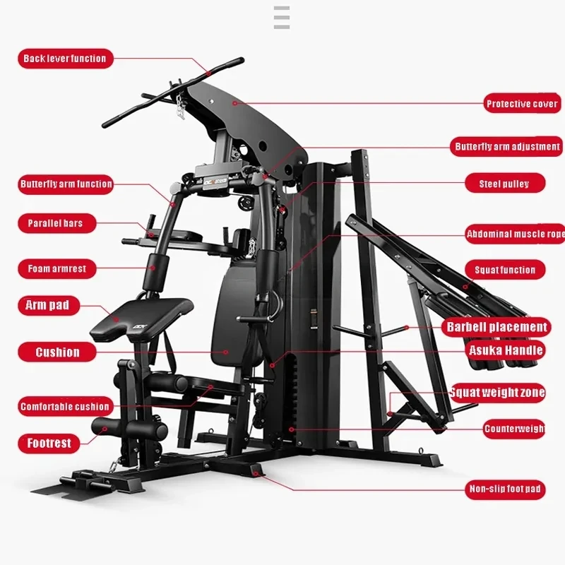 Three person station multifunctional deep squat frame with chest clamp and parallel bars pull-up high position pull-down trainer