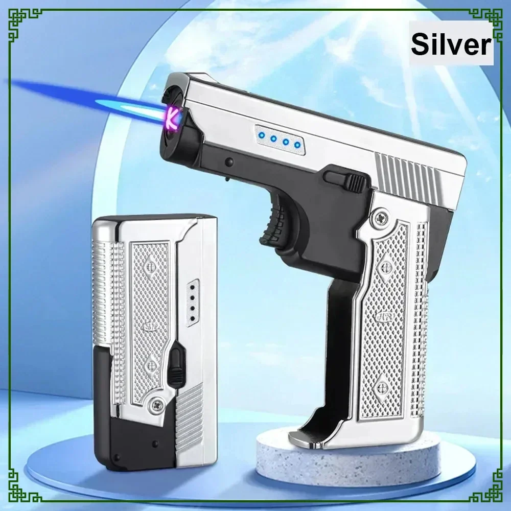 New Gas Electric Dual Flame Lighter Foldable Pistol Shaped Butane USB Lighter Cool Smoking Cigar Tool Birthday Gift